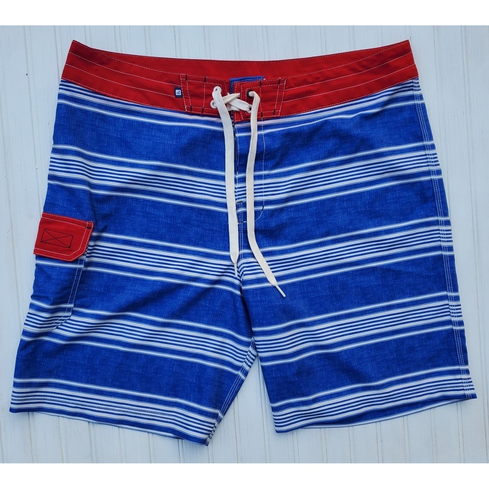 Sperry Top Sider‎ Mens Swim Trunks Size 36 Board Shorts Blue White Stripe Red